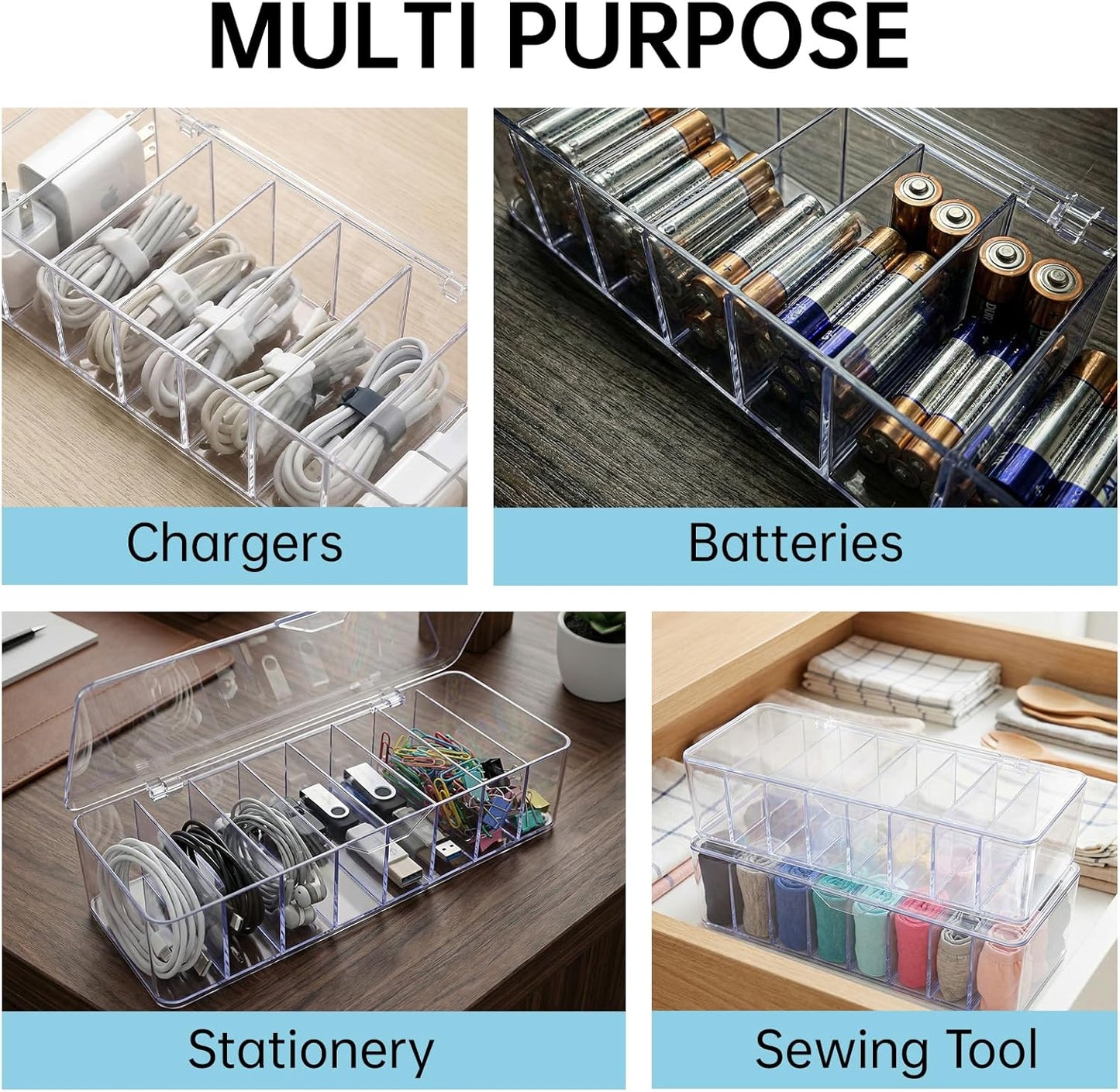 3 Pack Cable Organizer Box with Silicone Straps, Plastic Cord Management Box with Lid for Desk Home Office and Electronics Accessories Storage