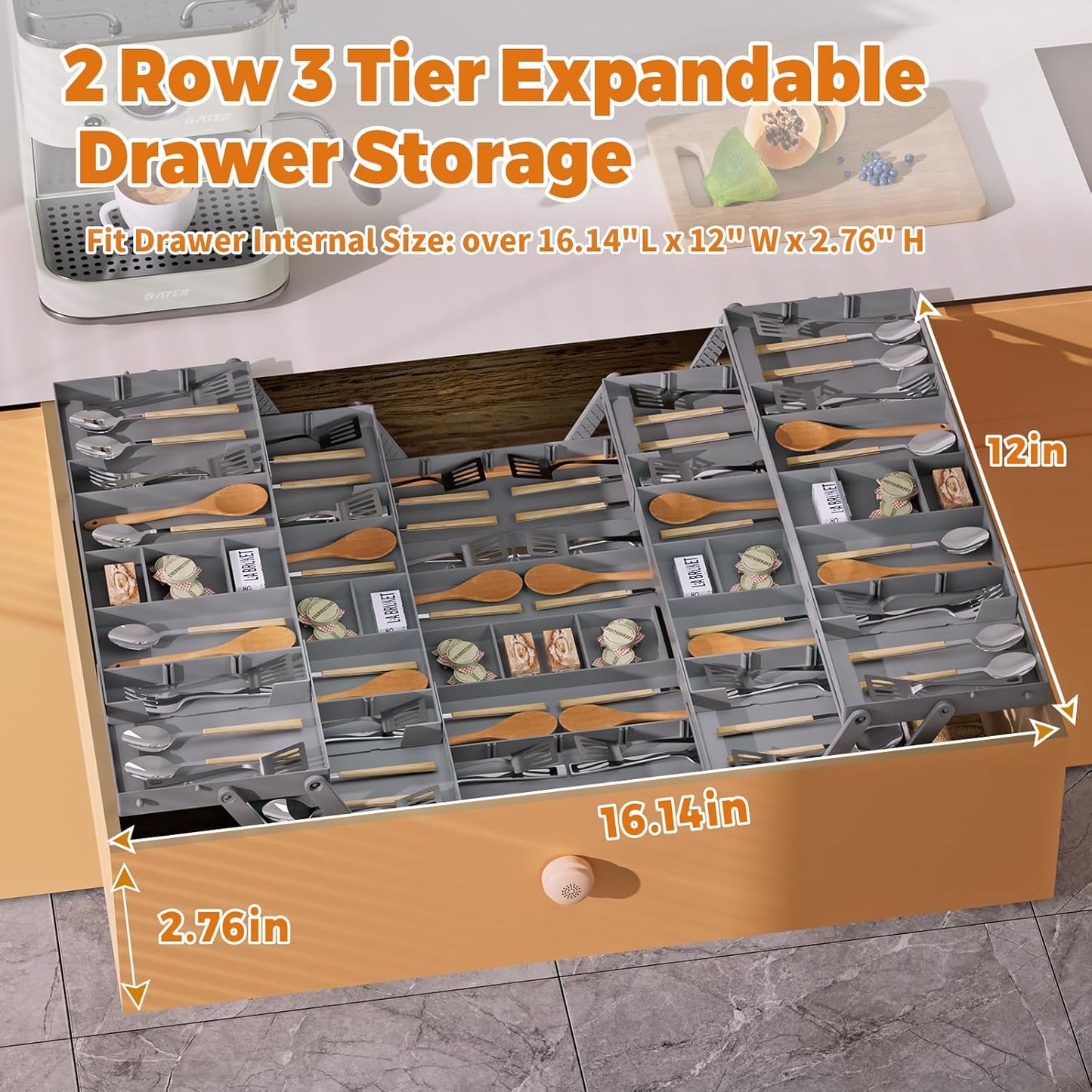 3 Tier Drawer Organizer - Expandable Junk Drawer Organizers Smart Office Supply Organizer, Folding Drawer Storage Multi-level Desk Organizer for Makeup,Jewelry,Cosmetics,Kitchen Storage (1 Row 3 Tier)