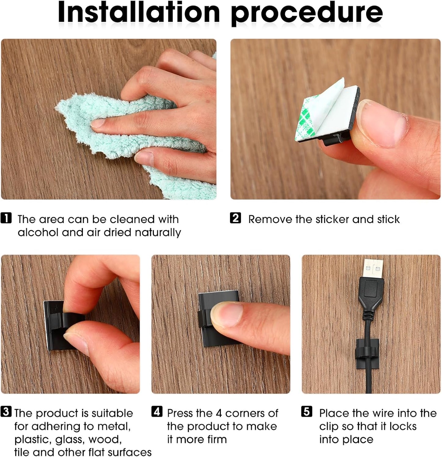 Eboot 100 Pieces Adhesive Cable Wire Clips Strong Cord Clips Wire Holders Cable Cord Management Straps Clamps Tie Holder for the Wall, Under Desk, Car, Office and Home