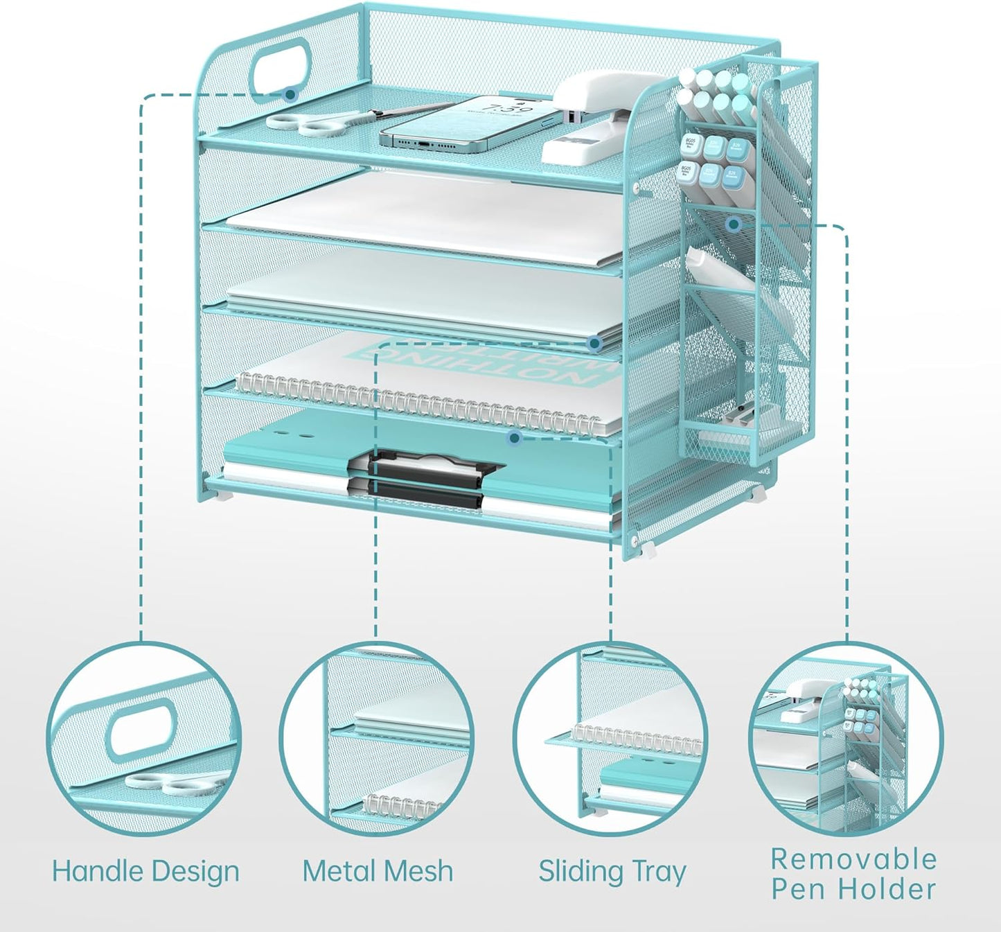 SUPEASY 5 Tier Desk Organizer with Handle & Removable Pen Holders, Mesh Paper/File Organizer for Desk, Paper Letter Tray Organizer for Office Supplies (Black)