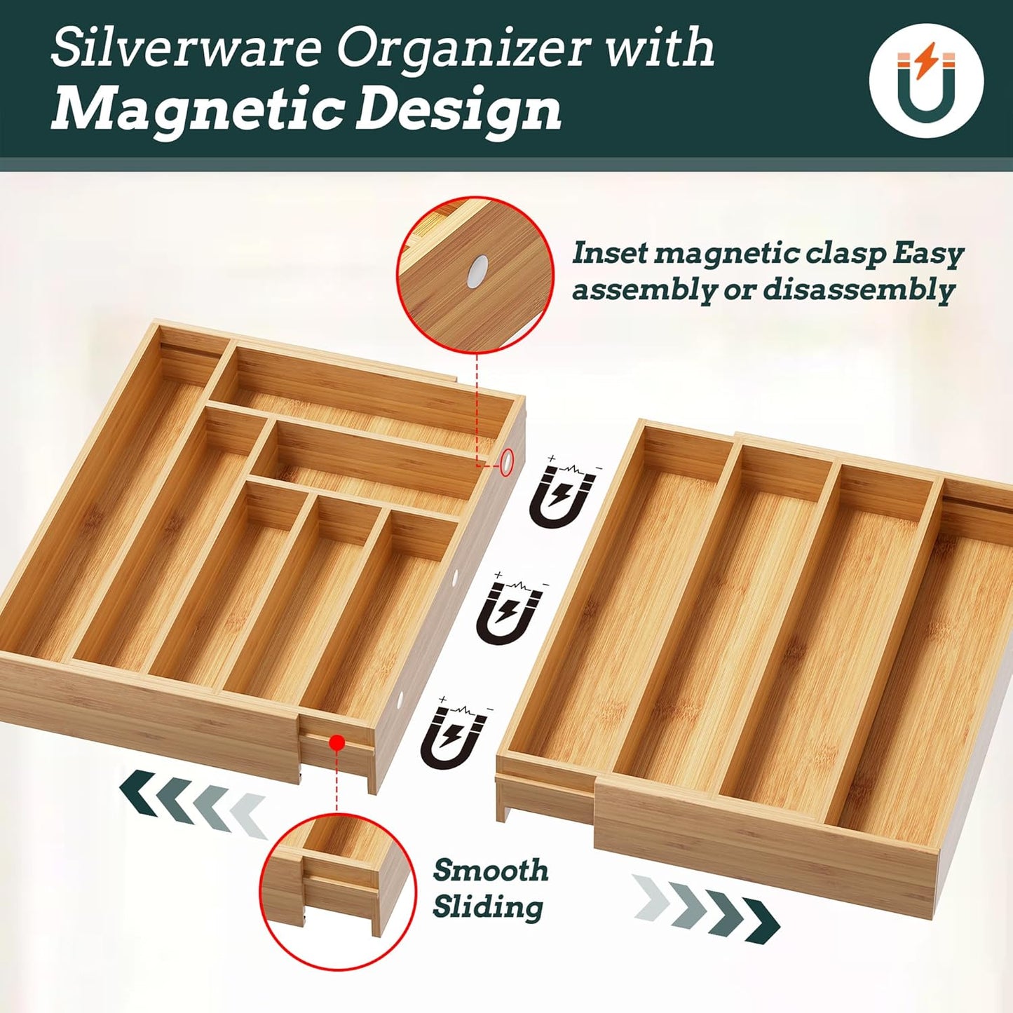 Silverware Organizer Large, Magnetic Connected Expandable 13 Slots Silverware Drawer Organizer From 21 to 37.4 Inches, Adjustable Flatware and Cutlery Holder, Bamboo Utensil Tray for Kitchen Natural