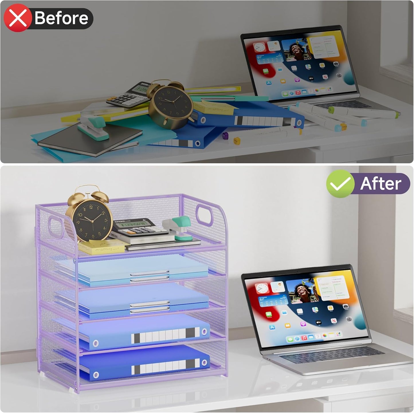 Paper Organizer Letter Tray with Handle, 5-Tier Black Stackable Desk Organizer with Metal Mesh, Sturdy Paper Tray for Office Desk, Home & Classroom Supplies Storage