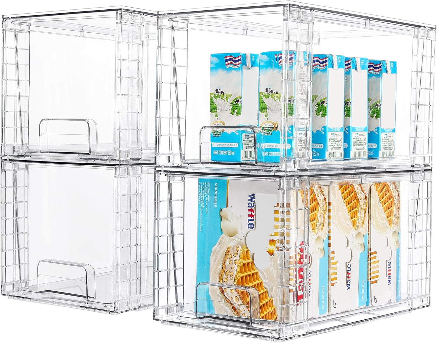 Vtopmart 4 Pack Stackable Storage Drawers,Clear Acrylic Drawer Organizers with Handles, Easily Assemble for Fridge, Bathroom,Kitchen Undersink,Cabinet,Pantry Organization and Storage
