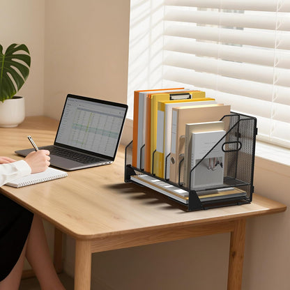 Desk File Folder Holder Organizer-5 Vertical Compartments Racks and Paper Letter Tray,Mesh Magazine File Holder Sorter,Desktop Accessories & Workspace Organizers for Home,Office,School-Black