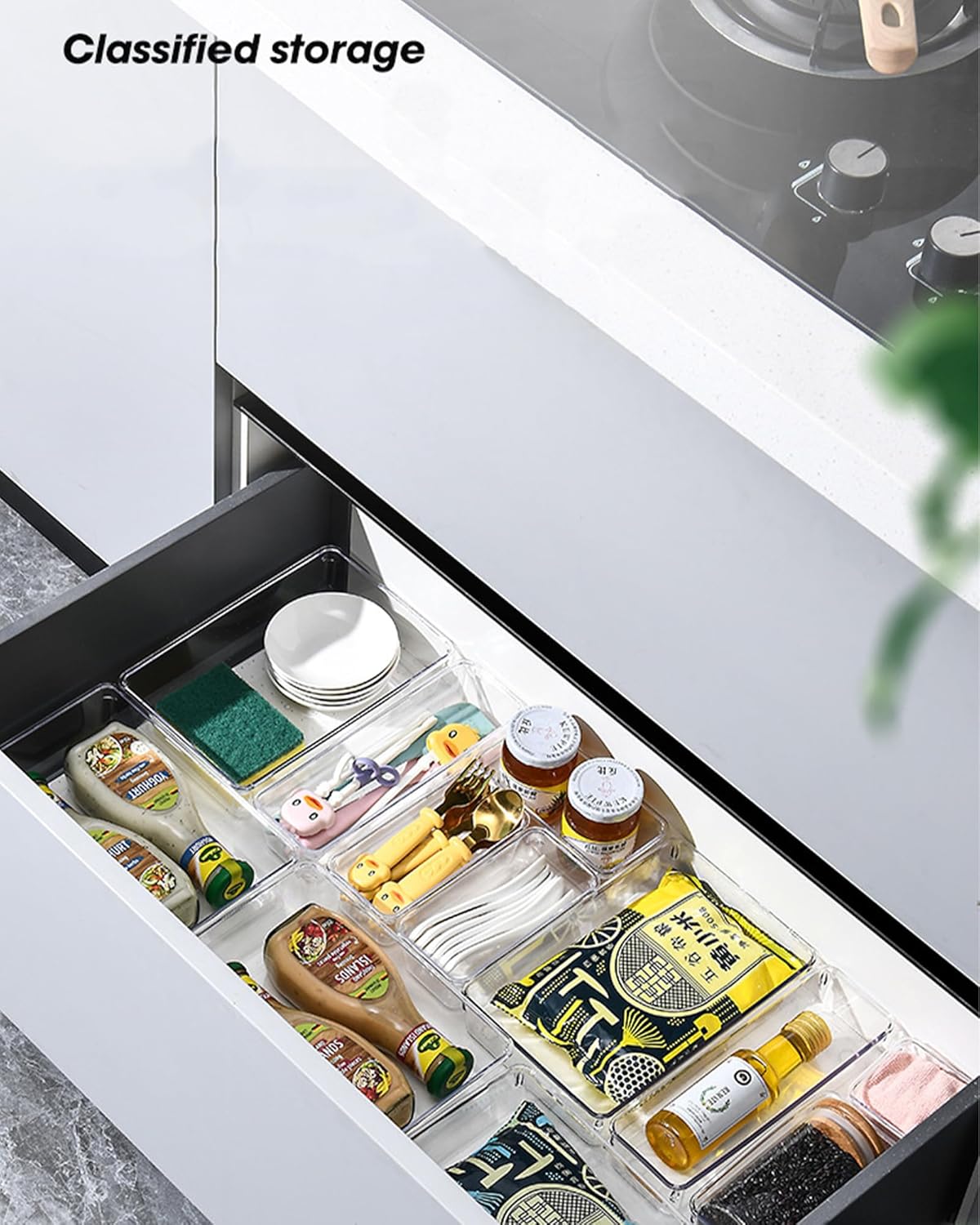 HAPLEE 10-Pack Clear Square Plastic Drawer Organizers - Stackable Modular Bins for Kitchen Utensils, Makeup & Office Supplies - Thin Profile Design Fits Dresser/Bathroom Cabinets - Non-Slip Base