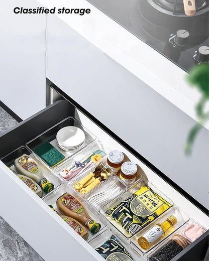 HAPLEE 10-Pack Clear Square Plastic Drawer Organizers - Stackable Modular Bins for Kitchen Utensils, Makeup & Office Supplies - Thin Profile Design Fits Dresser/Bathroom Cabinets - Non-Slip Base