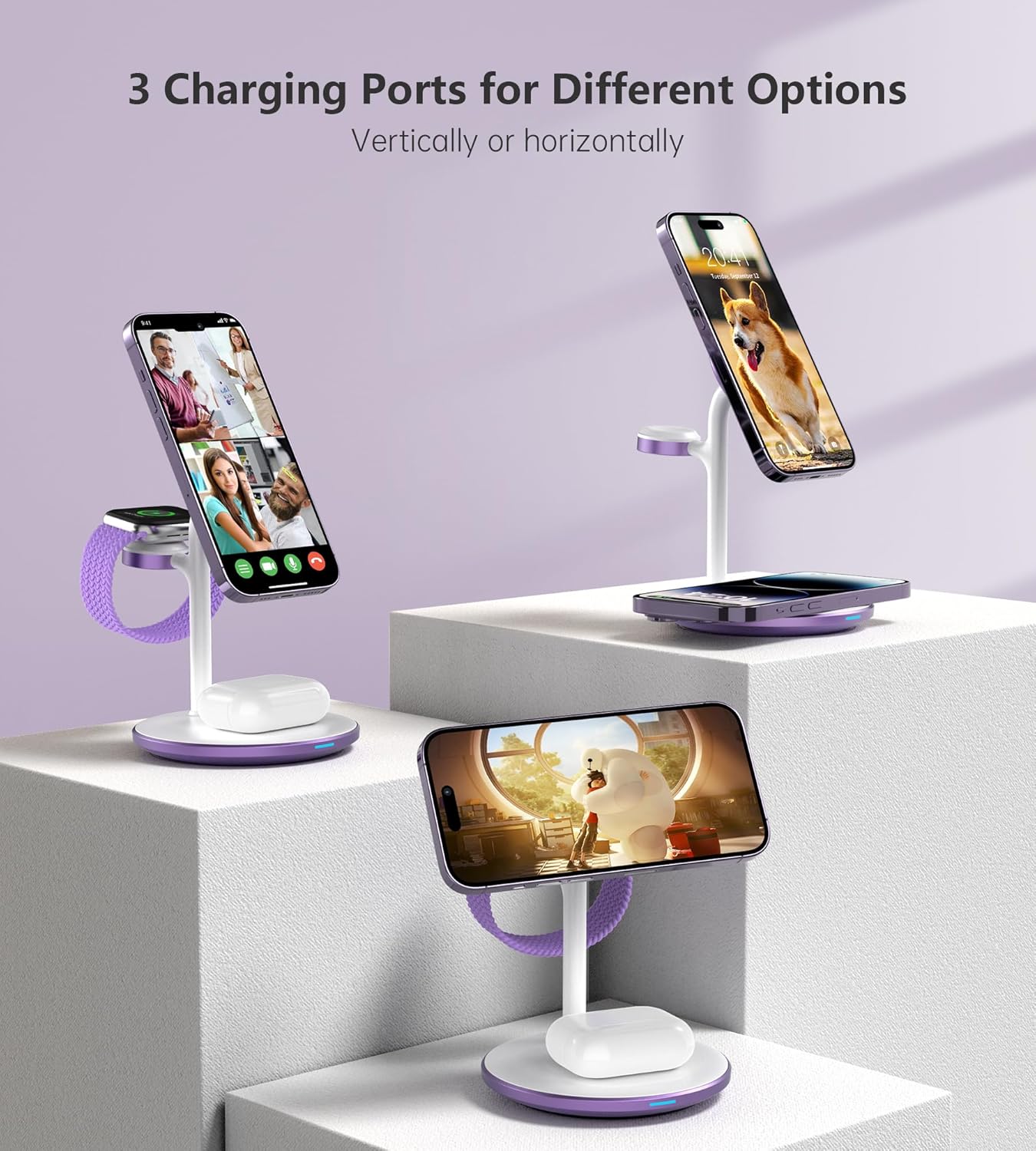 XooFly 3 in 1 Wireless Charging Station for Apple Devices, Fast Wireless Mag-Safe Charger Stand with 20W Adapter for iPhone 17 16 15 14 13 12 Pro Max/Air/Plus/Pro,iWatch,AirPods-Gift for Wife&Husband