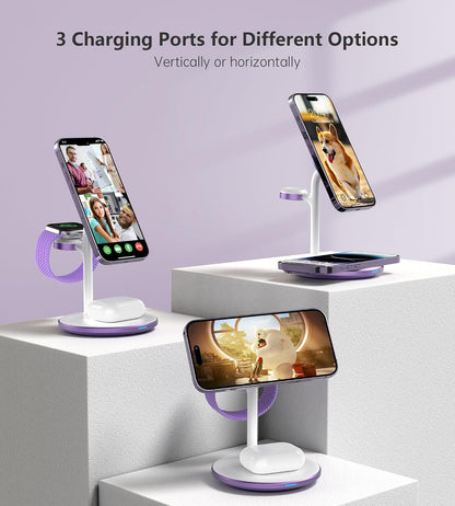 XooFly 3 in 1 Wireless Charging Station for Apple Devices, Fast Wireless Mag-Safe Charger Stand with 20W Adapter for iPhone 17 16 15 14 13 12 Pro Max/Air/Plus/Pro,iWatch,AirPods-Gift for Wife&Husband
