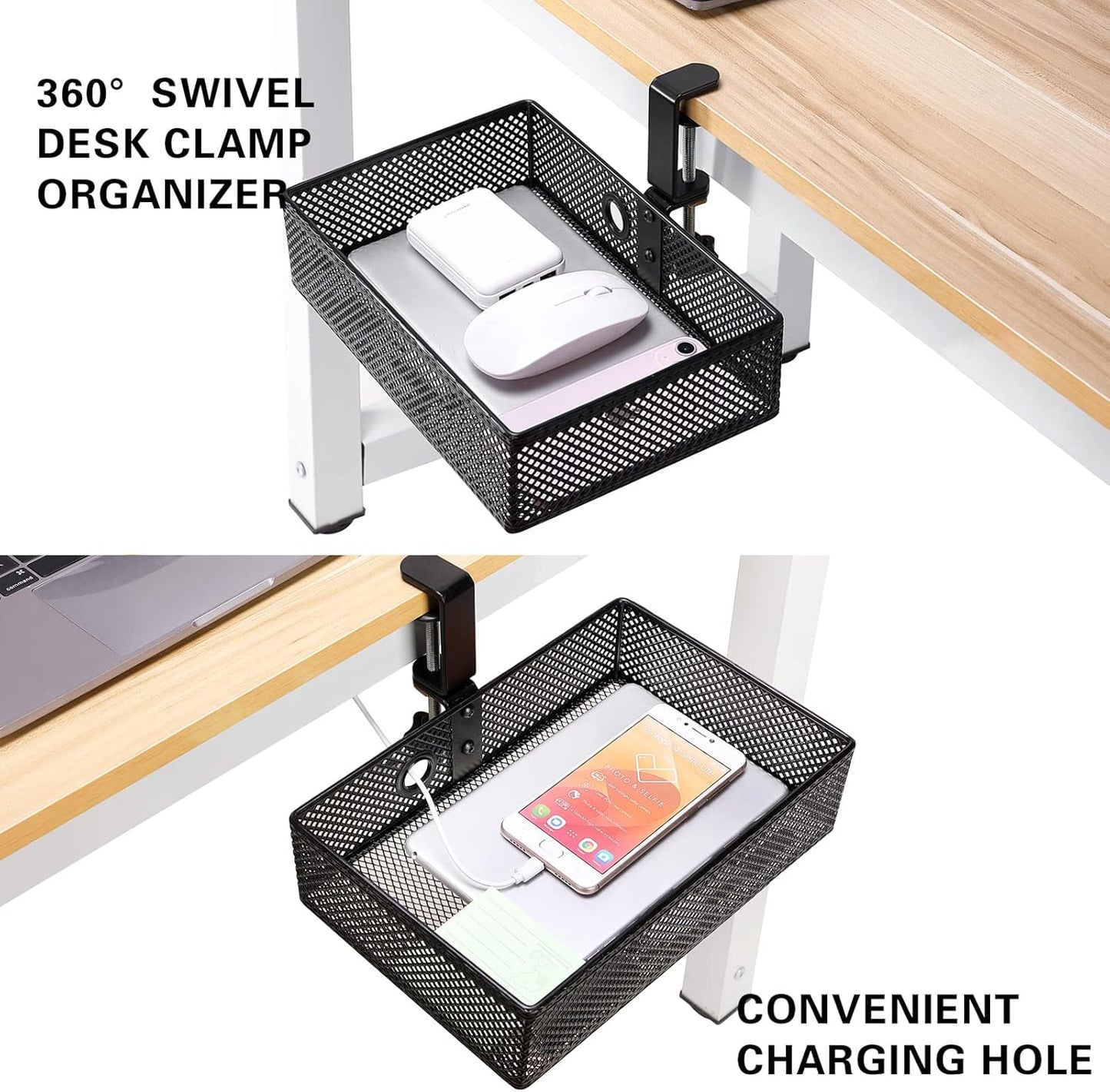 2-Tier Clamp-On Mesh Organizer, Under Desk Storage with Slide-Out Tray, No Drilling Tool-Free Installation, Durable Rust-Resistant Metal, Large-Capacity Organizer.