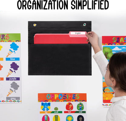 Essex Wares - 7 Pocket File Pocket Chart, Black, Tall - Versatile Wall Hanging File Folder Organizer for Classroom, Office, Home, and More - Wall Folder Organizer - 7 Pockets