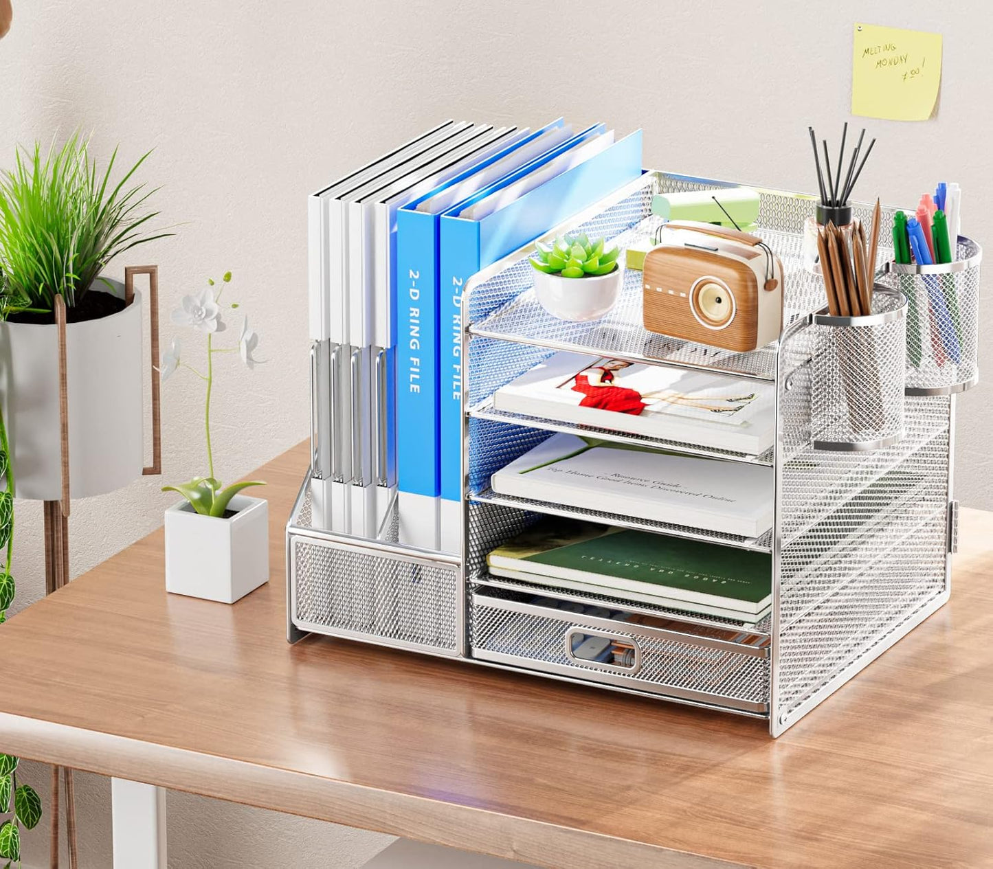 Marbrasse Desk Organizer with File Holder, 5-Tier Paper Letter Tray Organizer with Drawer and 2 Pen Holder, Mesh Desktop Organizer and Storage with Magazine Holder for Office Supplies(Black)