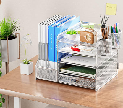 Marbrasse Desk Organizer with File Holder, 5-Tier Paper Letter Tray Organizer with Drawer and 2 Pen Holder, Mesh Desktop Organizer and Storage with Magazine Holder for Office Supplies(Black)