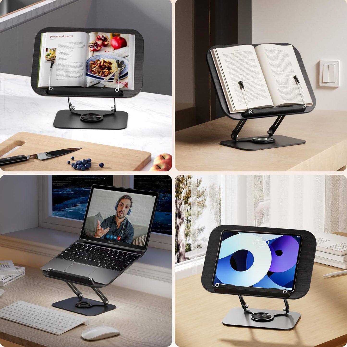 SupeDesk Book Stand for Reading, Adjustable Book Holder with 360° Rotating Bases, Foldable Designs, and Elastic Clips, Multifunctional Display Stand for Recipe, Cookbooks, Magazines, Tablets, Laptops