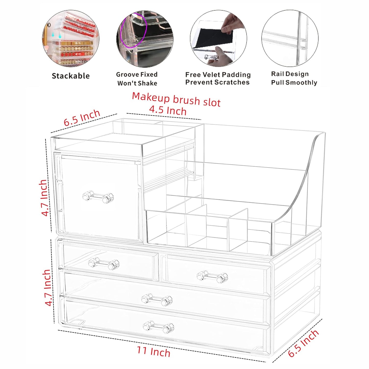 Cq acrylic 2 Pack Clear Make up Organizer Countertop,Stackable 5 Drawers Makeup Storage,Cute Vanity Organizers for dresser Hair Clip,Jewelry,Beauty Product Desk and Bathroom Organizers and Storage