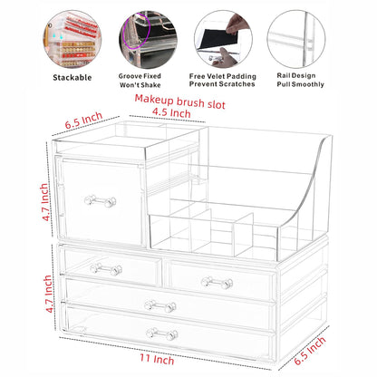 Cq acrylic 2 Pack Clear Make up Organizer Countertop,Stackable 5 Drawers Makeup Storage,Cute Vanity Organizers for dresser Hair Clip,Jewelry,Beauty Product Desk and Bathroom Organizers and Storage