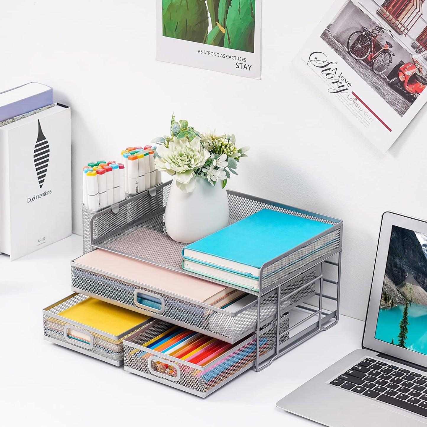 Marbrasse 3 Tier Mesh Desk Organizer with Drawer, Multi-Functional Desk Organizers and Accessories, Paper Letter Organizer with 2 Pen Holder for Home Office Supplies (Black)