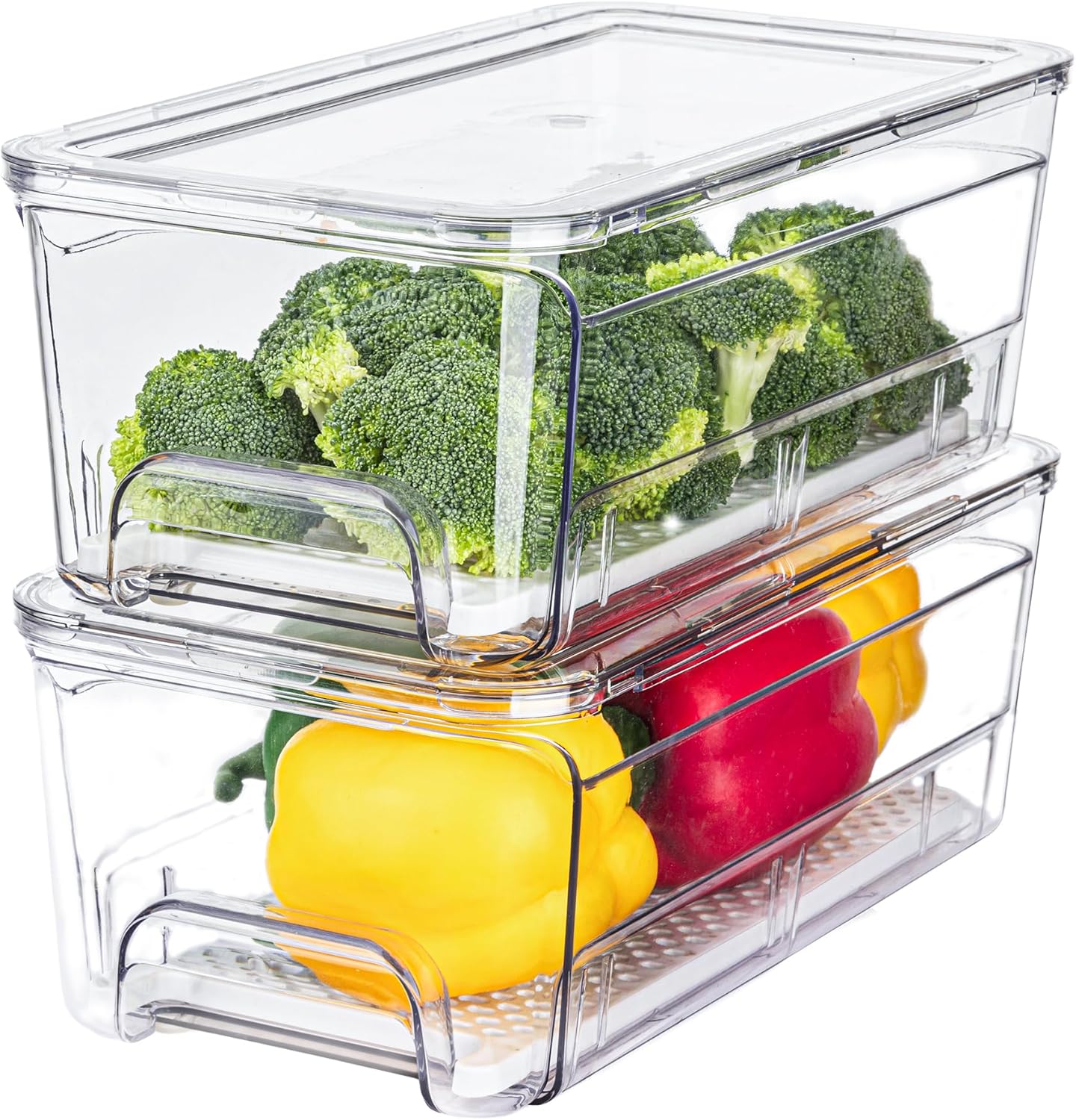 6-Pack Fridge Drawer Organizer, Pull-out Stackable Refrigerator Organizers and Storage, Clear Fruit Storage Containers Bins with Drain Tray for Kitchen Cabinet, Pantry Organization