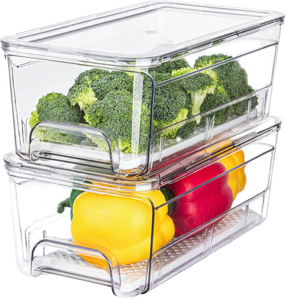 6-Pack Fridge Drawer Organizer, Pull-out Stackable Refrigerator Organizers and Storage, Clear Fruit Storage Containers Bins with Drain Tray for Kitchen Cabinet, Pantry Organization