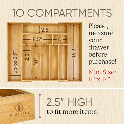 Night Tree 2.5” Extra Deep Silverware Drawer Organizer with Adjustable Dividers – Expandable Bamboo Flatware Tray for Kitchen, Reinforced Wood Cutlery Holder (14"-21.6" Wide)