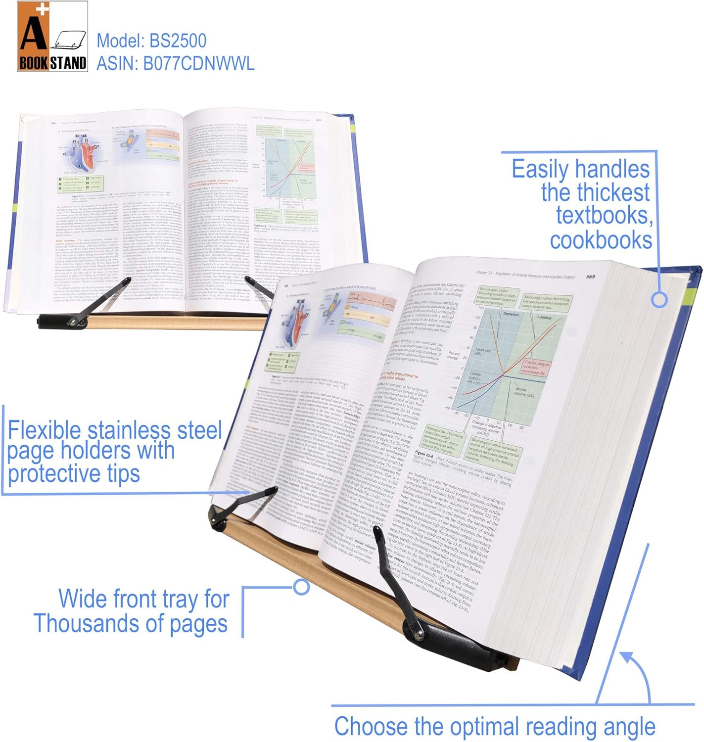 BS2500 Large 16x10.5 Portable Adjustable Foldable Bookstand Holder for Reading Hands Free Large Thick Heavy Textbooks Cookbooks Tablets