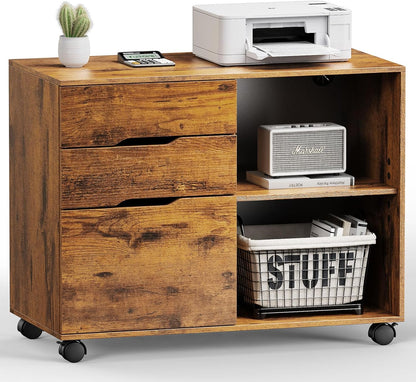 DUMOS Lateral File Cabinet with 3 Drawers Rolling Filing Cabinets Under Desk Storage Printer Stand Wood Organizer with Wheels Adjustable Shelf for Office Home Small Space, White