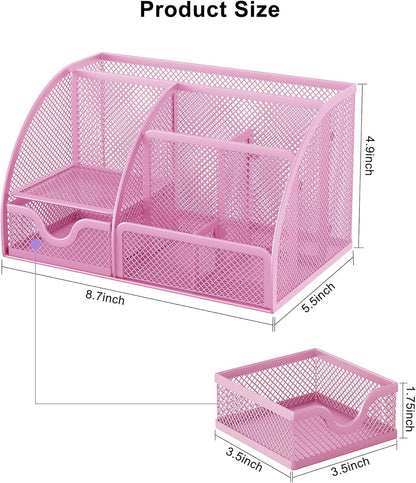 EasyPAG Mesh Desk Organizer with Drawer Multi-functional Pen Holder Stationery Organizer for Office School Supplies 6 Compartments Dorm Organizers and Storage for Desk, Black