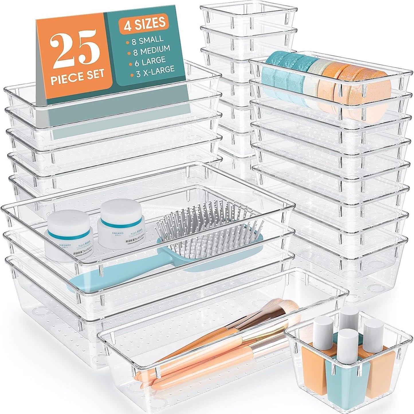 StorMiracle 16 PCS Drawer Organizer Set, 5 Varied Size Bathroom and kitchen Drawer cabinet organizer Trays, Clear Storage Bins for Makeup, Jewelry, Utensils and Gadgets