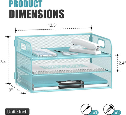 DALTACK 3 Tier Paper Organizer with Handle, Mesh Metal Desk Organizer with Sliding Paper Trays for Letter/A4 Paper, Mail, Bills & Folders, Black
