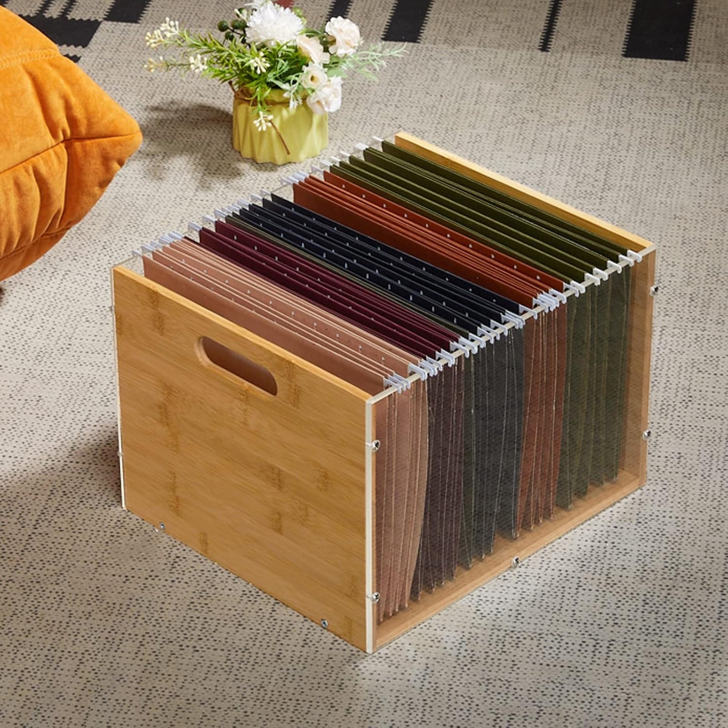 Sbanmao Clear Acrylic File Box Organizer, Bamboo Hanging Folder Storage Boxes, Filing Crate Bin Holder with Handle for Home Office Desk, Letter Size