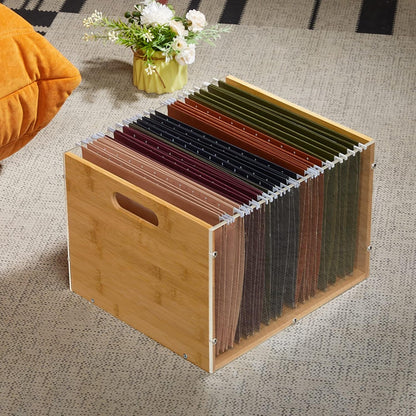 Sbanmao Clear Acrylic File Box Organizer, Bamboo Hanging Folder Storage Boxes, Filing Crate Bin Holder with Handle for Home Office Desk, Letter Size