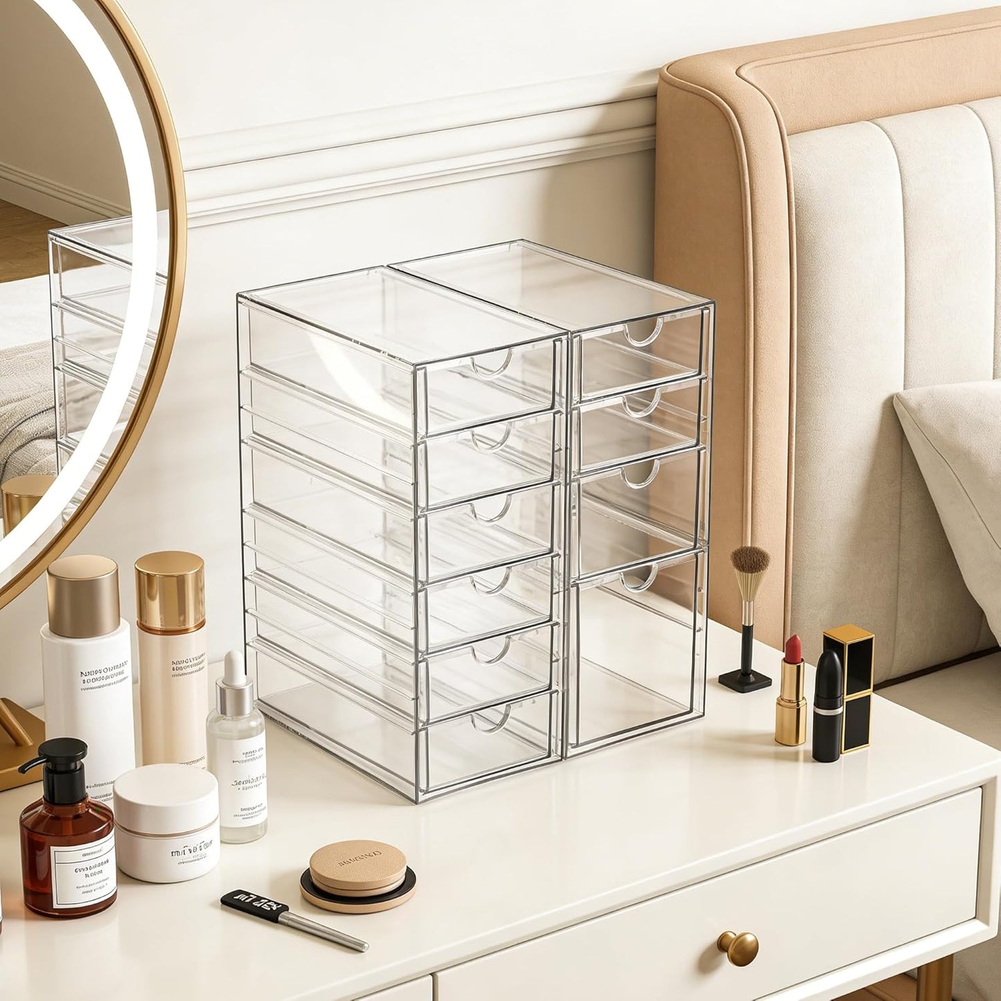Prsildan Acrylic Makeup Organizer, 2 Pack Stackable Storage Drawers with 6 Drawers for Office Desk Vanity Craft Room Clear Drawer Organizers for Hair Accessories Art Supplies Cosmetics Modular System