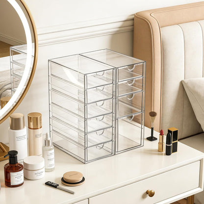 Prsildan Acrylic Makeup Organizer, 2 Pack Stackable Storage Drawers with 6 Drawers for Office Desk Vanity Craft Room Clear Drawer Organizers for Hair Accessories Art Supplies Cosmetics Modular System