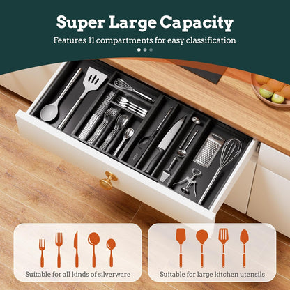 Silverware Organizer Large, Magnetic Connected Expandable 13 Slots Silverware Drawer Organizer From 21 to 37.4 Inches, Adjustable Flatware and Cutlery Holder, Bamboo Utensil Tray for Kitchen Natural