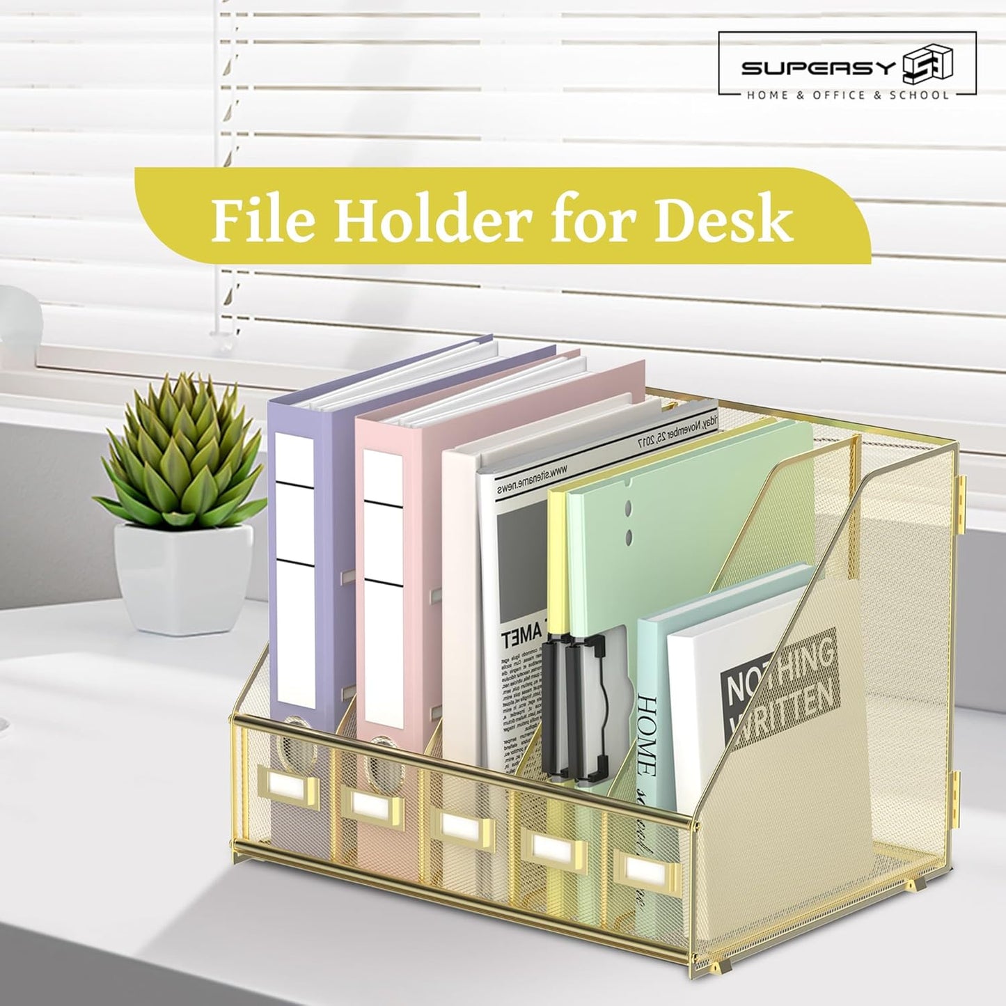 SUPEASY Desk Organizers Metal Desk Magazine File Holder with 5 Vertical Compartments Rack File Organizer for Office Desktop, Classroom, Home Workspace, Black