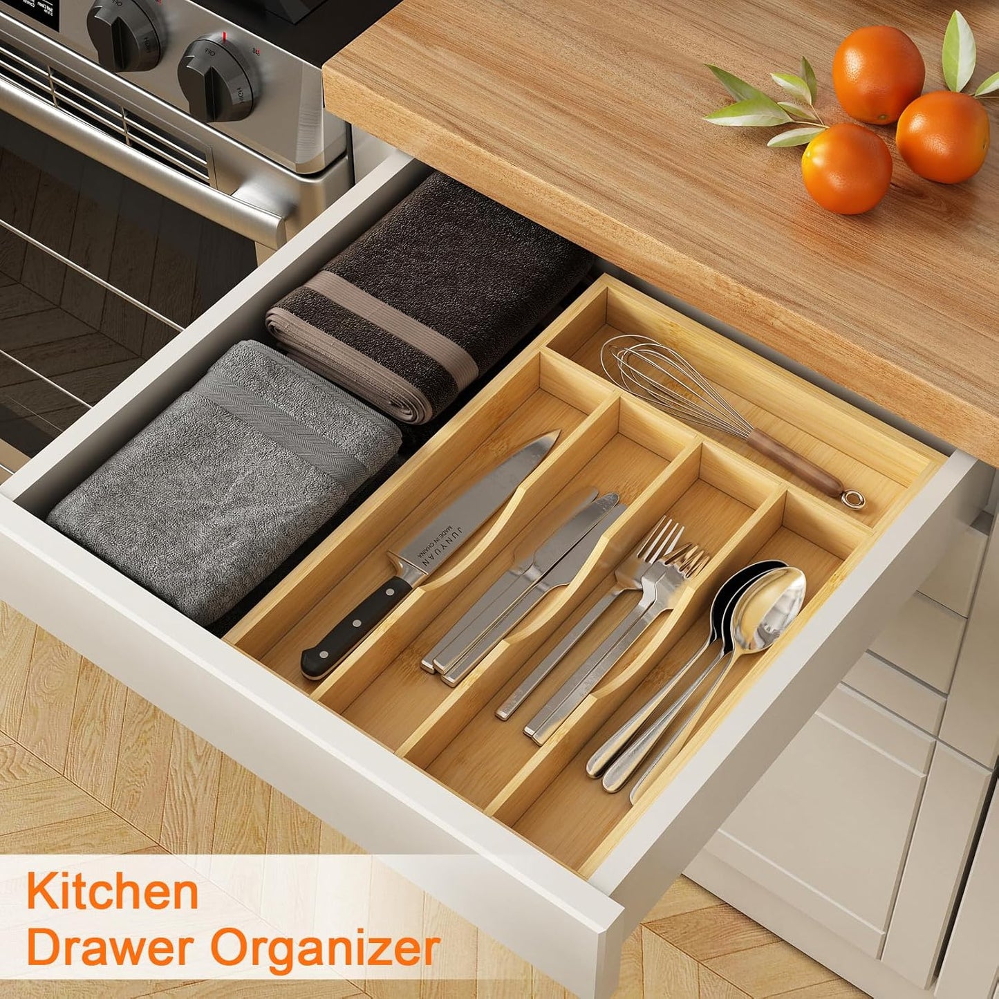 Youpehom Bamboo Utensil Organizer for Kitchen Drawers, Expandable Utensil Tray and Cutlery Silverware Holder,Wood Drawer Dividers with 7 Adjustable Slots
