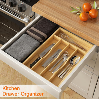 Youpehom Bamboo Utensil Organizer for Kitchen Drawers, Expandable Utensil Tray and Cutlery Silverware Holder,Wood Drawer Dividers with 7 Adjustable Slots