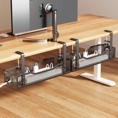 Under Desk Cable Management Tray White, Cinati Wire Organizers No Drill, Cable Tray with Clamp for Wire Management, Cord Organization Box for Office, Home - No Damage to Desk