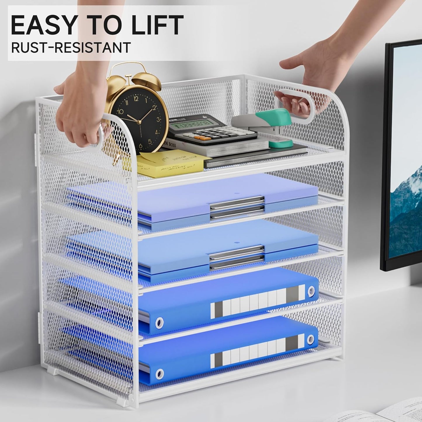 Paper Organizer Letter Tray with Handle, 5-Tier Black Stackable Desk Organizer with Metal Mesh, Sturdy Paper Tray for Office Desk, Home & Classroom Supplies Storage