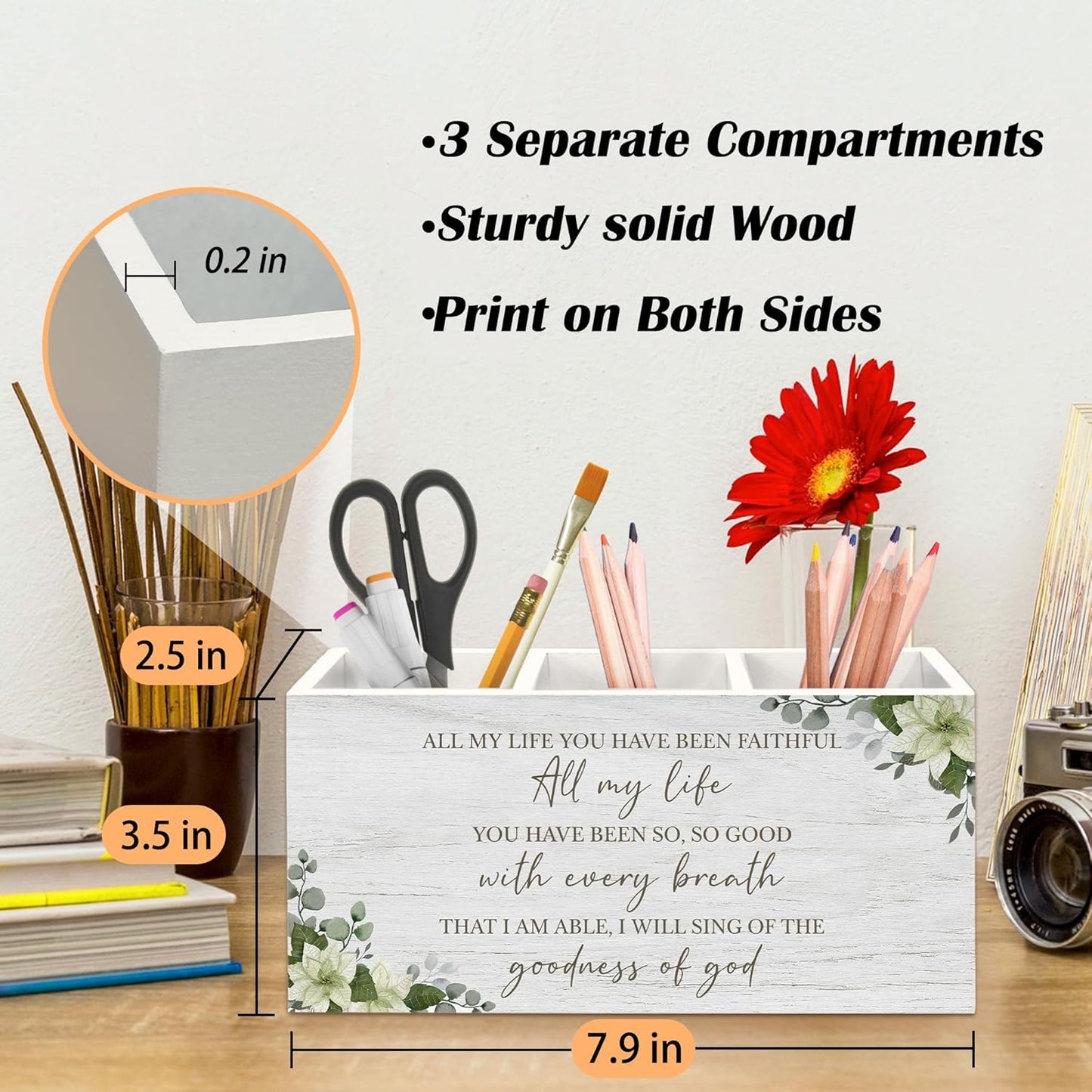 Christian Sparrow Bird Pen Holder for Desk, Religious Scripture Bible Verse Pencil Organizer, His Eye is on The Sparrow Bird Wooden Pen Holder Desk Accessories Decor for Home Office