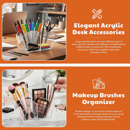 Scalloped Acrylic Pencil Holder – Clear Desk Organizer with 4 Compartments – Makeup Brush Holder & Remote Caddy for Office, Bathroom, Table – Party Accessory （4-Comp）