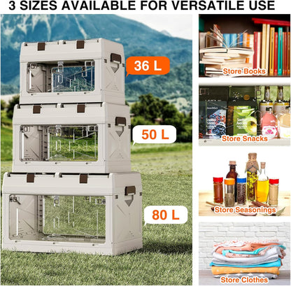HYBRIDEAS 3-Pack Clear Stackable Storage Bins with Lids Magnetic Doors Open Front Foldable Folding Plastic Craft Containers Large Closet Organizers Box for Bedrooms Living Rooms Study Kids' Toys 24 QT