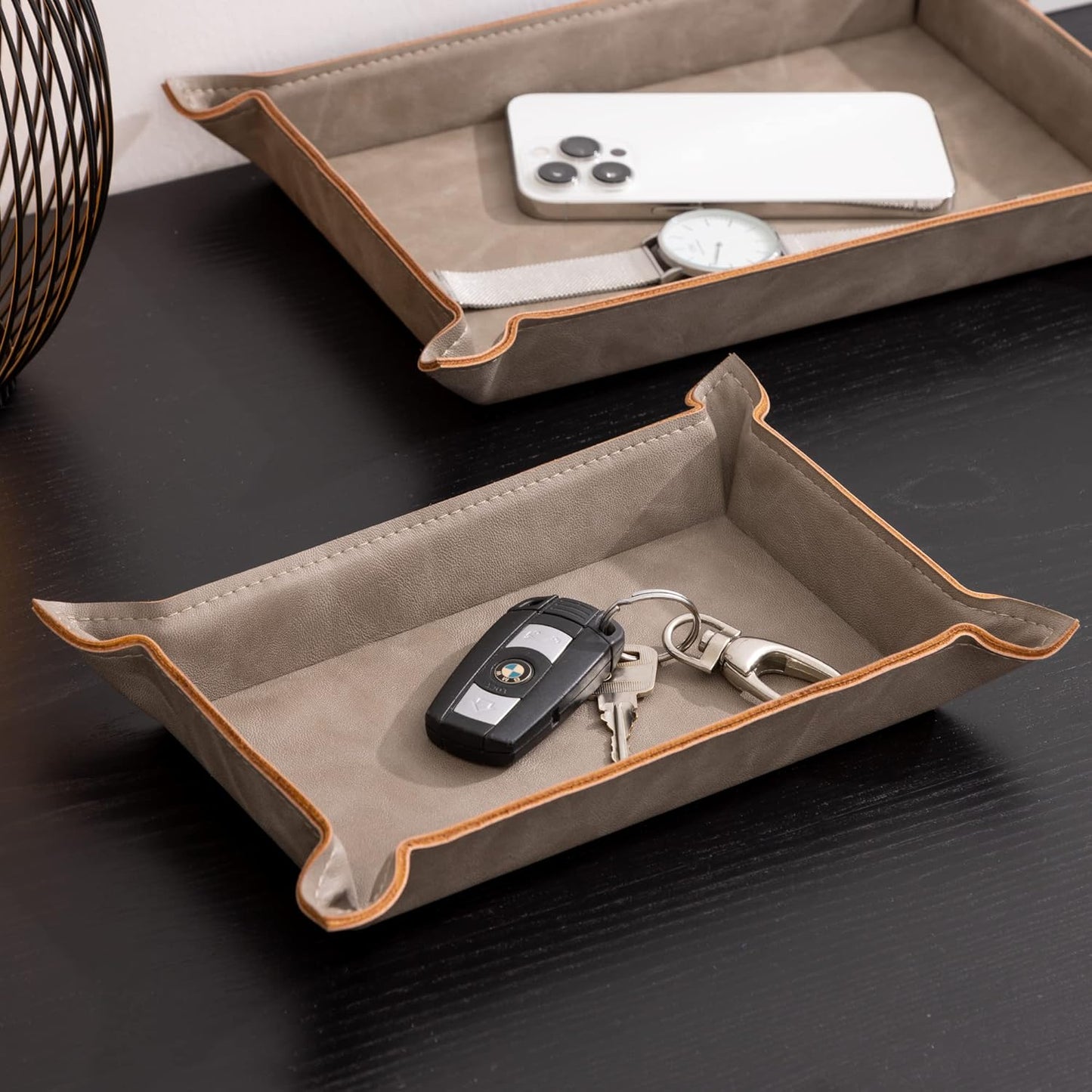 Navaris Faux Leather Tray Set - 2 Valet Organizer Trays for Bedside Table Desk with Dividers- Store Keys, Change, Wallet, Phone, Glasses - Gray