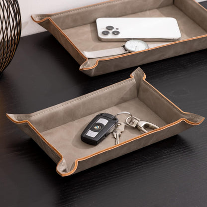 Navaris Faux Leather Tray Set - 2 Valet Organizer Trays for Bedside Table Desk with Dividers- Store Keys, Change, Wallet, Phone, Glasses - Gray