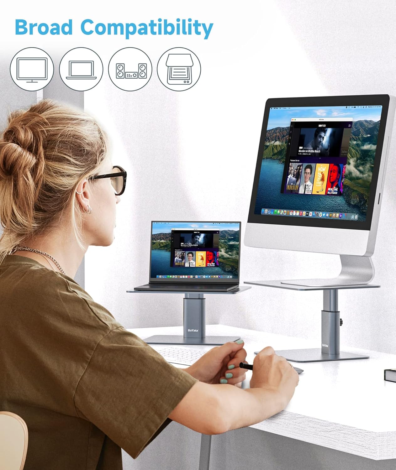BoYata Monitor Stand, Adjustable Monitor Riser Metal Computer Stand Compatible with TV, PC, Laptop, Computer, iMac, and All Screen Display-Black