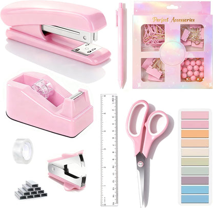 Gold Desk Accessories, Office Desk Organizers and Accessories 360°Pen Holder Acrylic Stapler Set, Phone Holder, Ballpoint Pen, Scissor, Binder Clips, Ruler, Transparent Glue, Sticky Note and Staples.