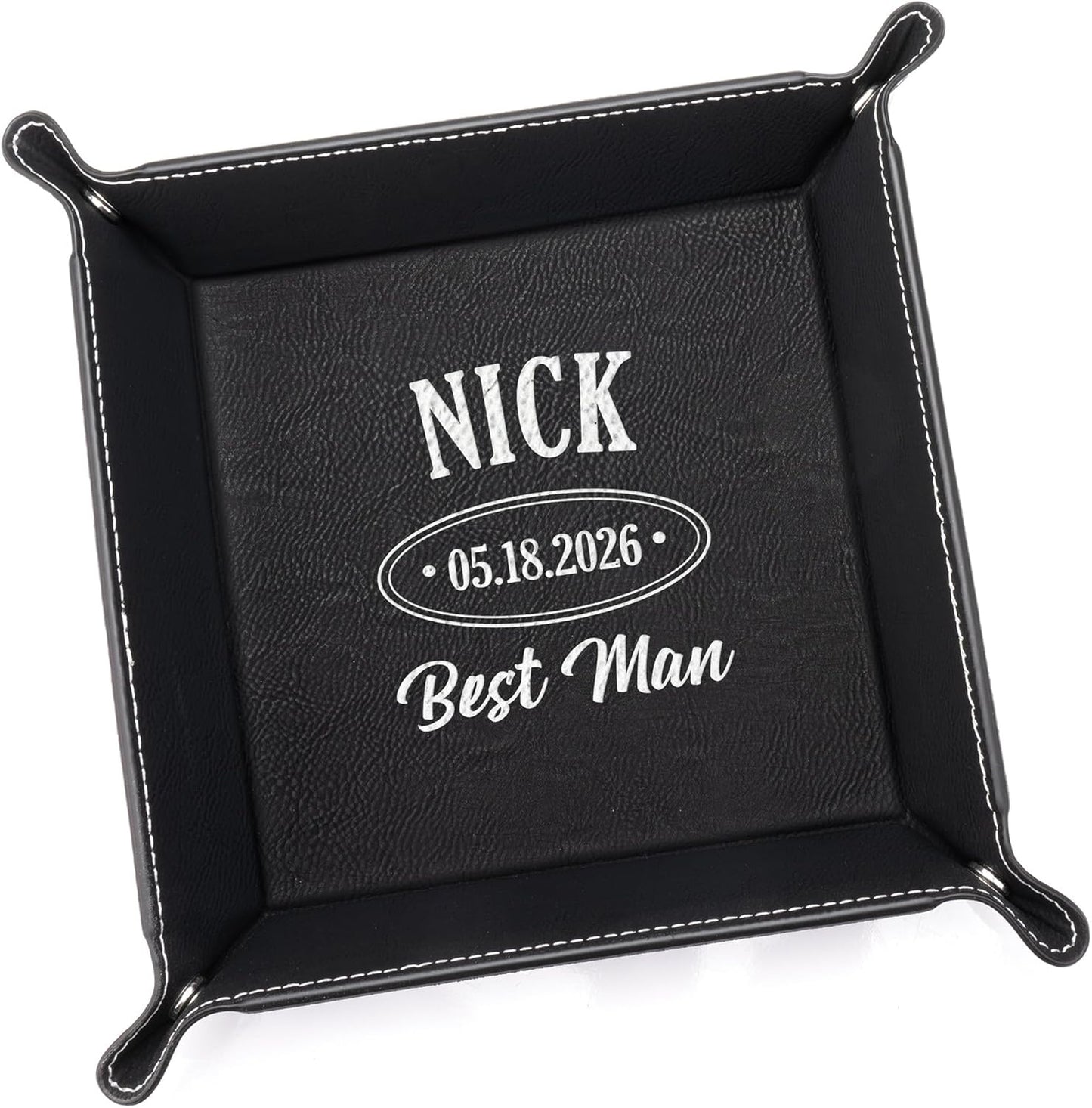 Lifetime Creations Monogrammed Valet Tray for Men (Brown) - Personalized Vegan Leather Catch All, Nightstand Desktop Desk Organizer for Coins, Keys, Watch
