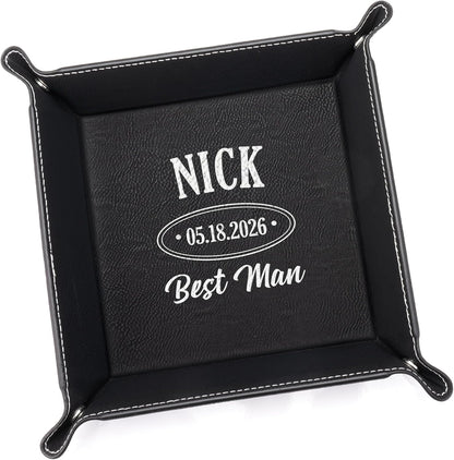 Lifetime Creations Monogrammed Valet Tray for Men (Brown) - Personalized Vegan Leather Catch All, Nightstand Desktop Desk Organizer for Coins, Keys, Watch