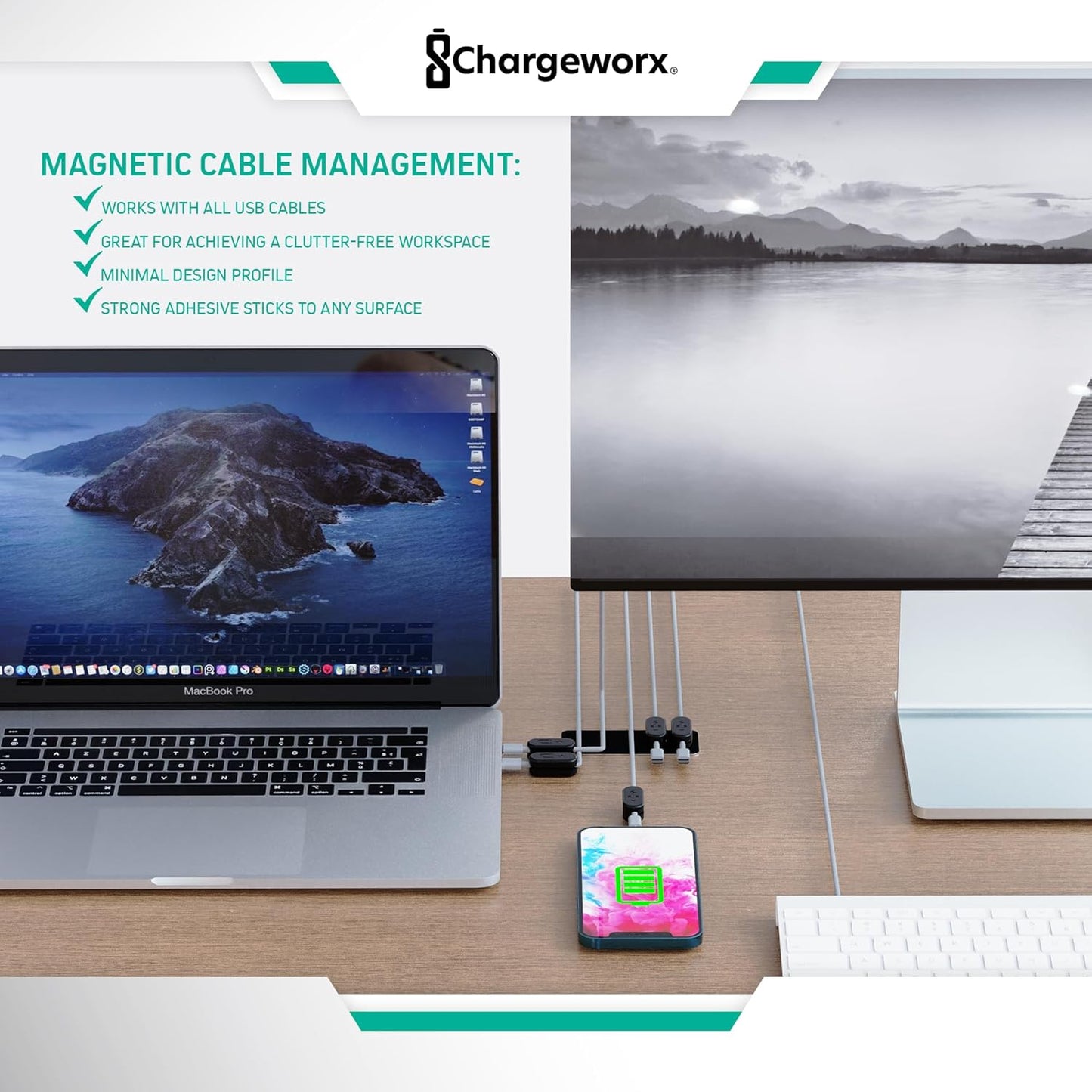 CHARGEWORX Pack of 5 Magnetic Cable Clips, Adhesive Cord Organizer for Desk, Nightstand, Wall or Car, Wire Holder for USB-C, Lightning and Micro-USB Cables
