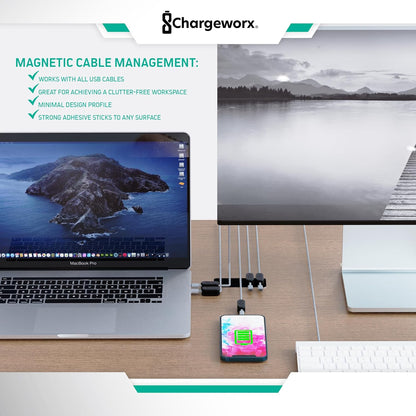 CHARGEWORX Pack of 5 Magnetic Cable Clips, Adhesive Cord Organizer for Desk, Nightstand, Wall or Car, Wire Holder for USB-C, Lightning and Micro-USB Cables