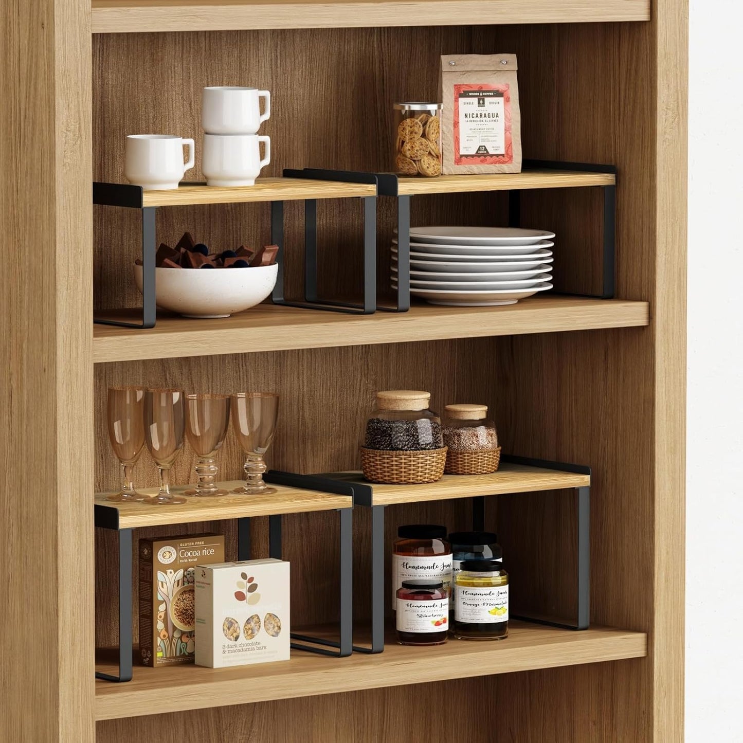Goozii Kitchen Cabinet Organizer Shelf Set of 4, Large Stackable Pantry Cupboard Countertop Storage and Organizer, Desk Shelf Riser, Spice Plate Cup Expandable Storage Rack (Bamboo White)